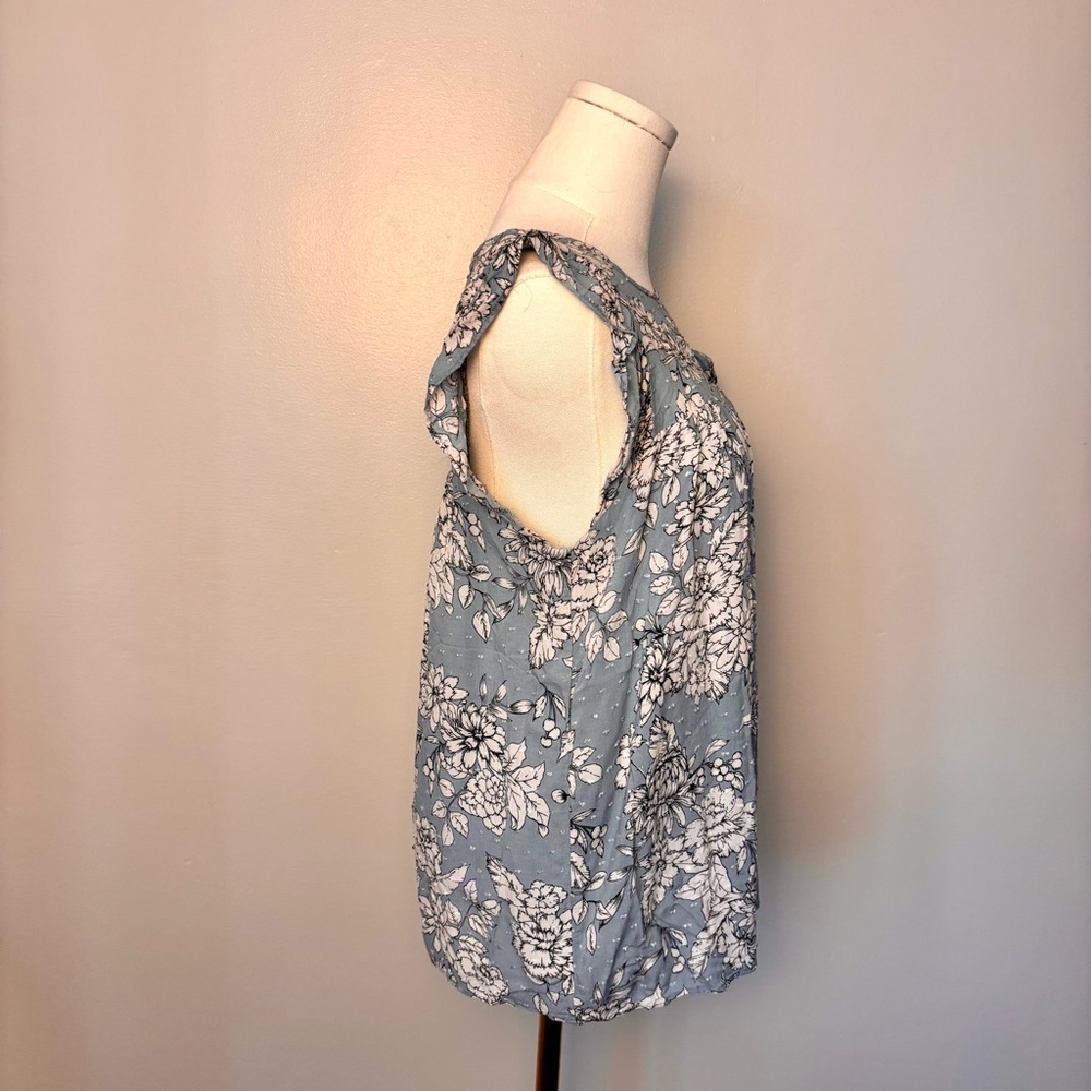Pleione Floral Blue Cap Ruffle Sleeve Women's Top - Picture 8 of 14